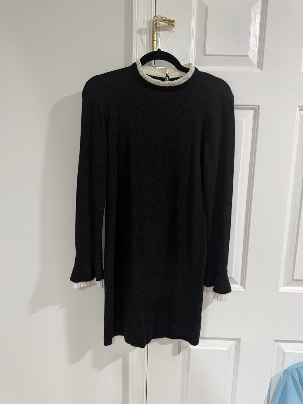 Club Monaco Black Long-Sleeve Knit Dress with Cream Trim